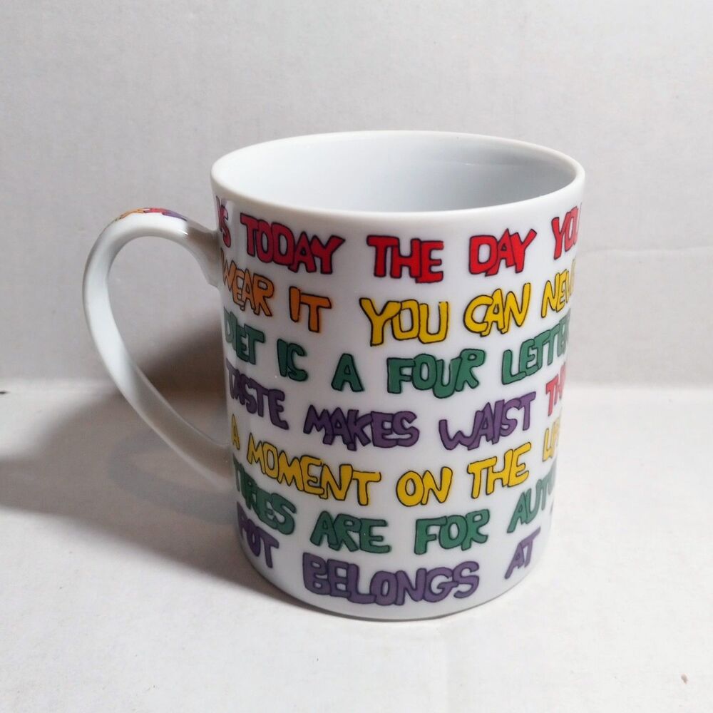Vintage Takahashi Make Mine Black Coffee Cup-Rainbow Words-Typography-1981-8 oz